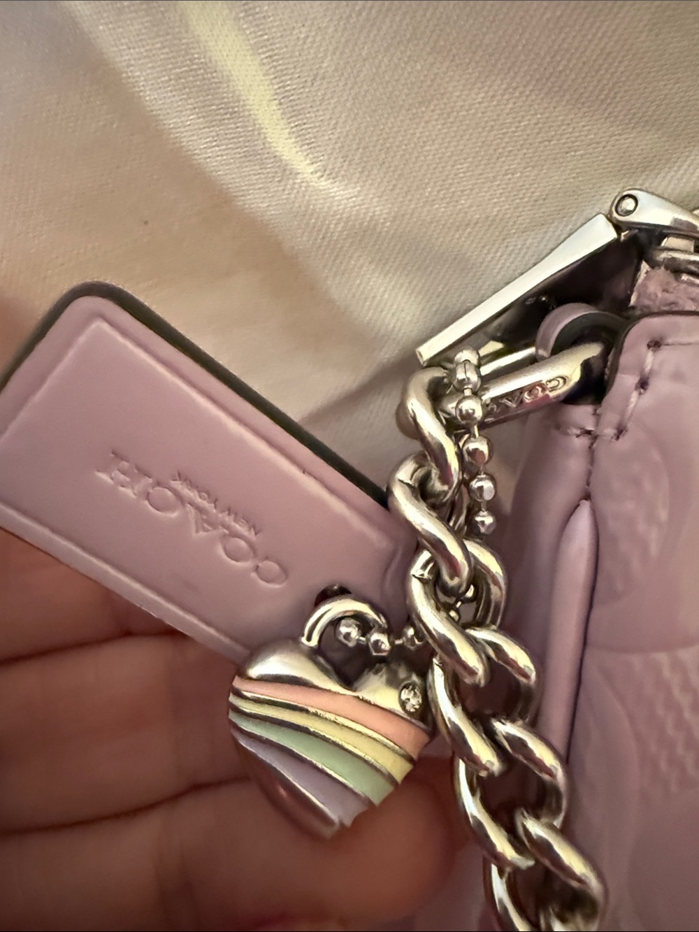 💜COACH NWT Lavender Signature C Leather Nolita 18 / Heart Charm/Silver Hardware - Picture 6 of 9